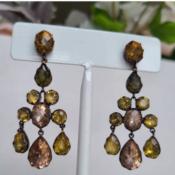 Stella & Dot Earrings, Pink Chandelier, Olive Green and Yellow Rhinestones - Picture 5 of 5